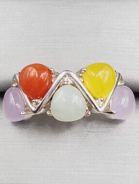 Multicolor Jadeite Cabochon Gemstone 925 Sterling Silver Jade Ring